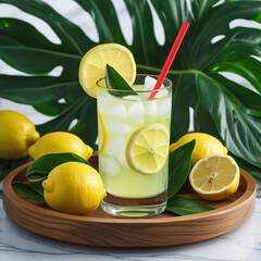 Fresh orange juice in glass cup next to a sliced orange