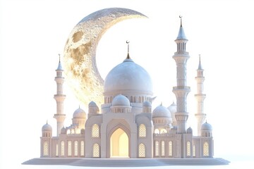 Fototapeta premium 3D Moon and Mosque Illustration Isolated and White Background