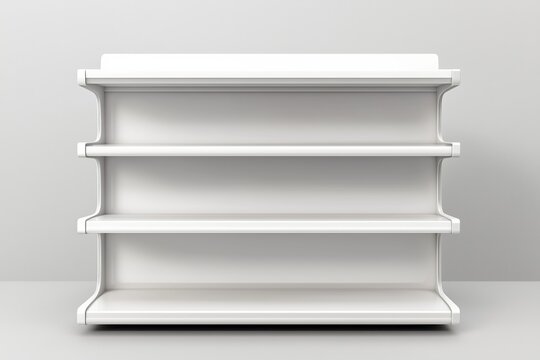 white isolated empty 3D rendering showcase background podium racked display shop blank store market shelf supermarket retail rack equipment shelving. 