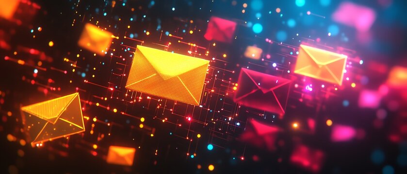 Networking and mail communication concept, digital yellow and red envelope symbols on dark circuit background, 3D rendering, futuristic tech design, glowing envelopes