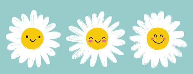 daisy flower or chamomile on blue background vector illustration. Cute cartoon character smiling flower.