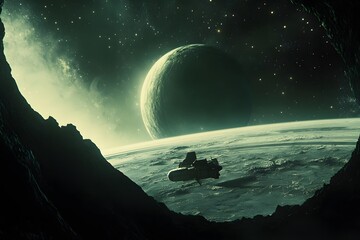 Fototapeta premium Spaceship Orbiting a Distant Planet