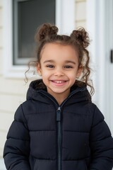 A young girl with long hair is smiling and wearing a black jacket. The jacket has a hood and a zipper