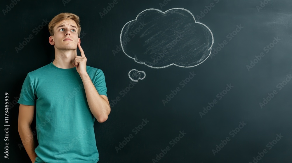 Poster young man is touching his face with a finger and looking up thoughtfully, with an empty speech bubbl