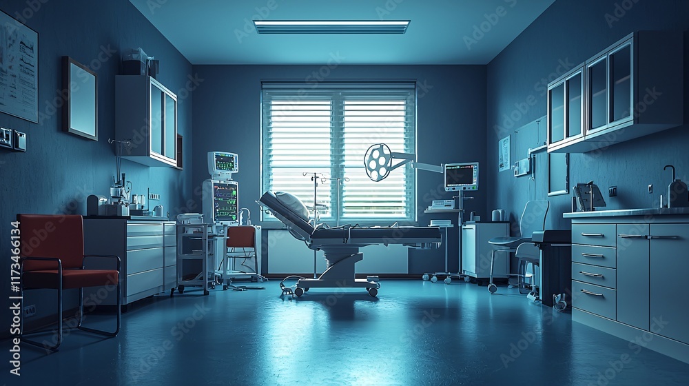 Poster laparoscopic procedure in a bright and hygienic operating room stock photo with side copy space