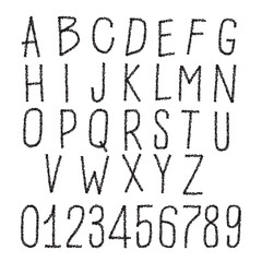 Grunge alphabet with capital letters. Typography distressed font with crayons, charcoal for drawing, pencil. Dirty textured vector font and numbers. Hand drawn characters with a rough inked texture.