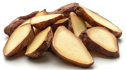Dried ginger slices on white background.