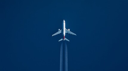 Modern airliner ascends against a vivid blue sky. 