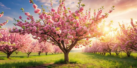 Naklejka premium Panoramic Spring Bloom: Delicate Rosebud Tree Flowers in Full Sunlight