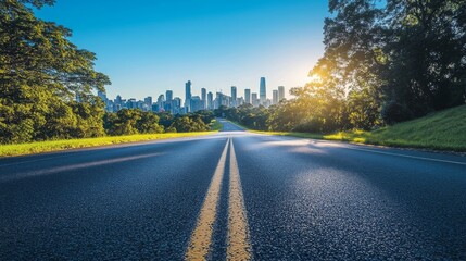 Fototapeta premium Outdoor cityscape with skyline, road, and clear blue sky.