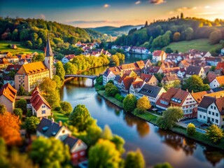 Fototapeta premium Panoramic Tilt-Shift View of Herbrechtingen & Brenz River at Dawn