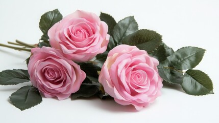 Fototapeta premium Pink roses with leaves arranged flat on a white background. 