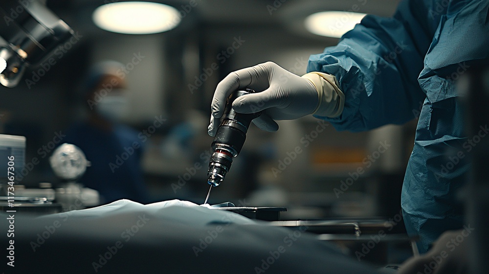 Poster Focused view of a laparoscopic tool entering a surgical incision Stock Photo with side copy space