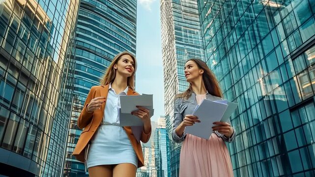 Two young professional women, one in a blazer and the other in a dress, walk side by side in a vibrant city. They engage in conversation, holding documents, conveying teamwork and ambition.