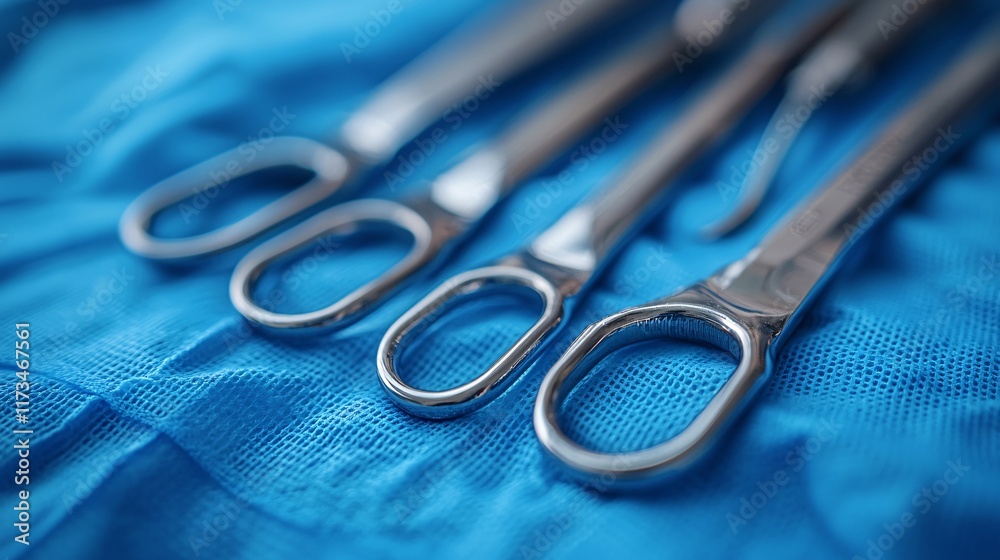 Poster preparation of sterilized surgical tools arranged in a sterile tray in an operating room stock photo