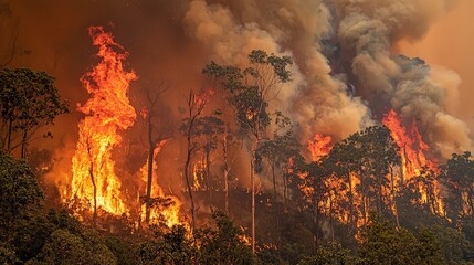 Obraz premium Forest fire raging, smoke billowing, trees ablaze, environmental disaster.