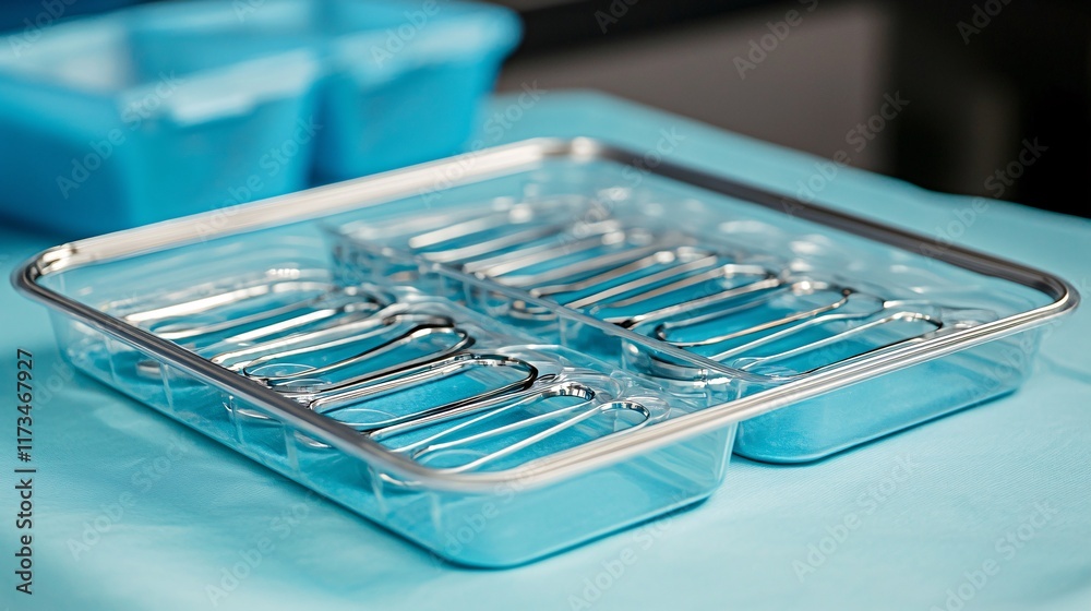 Poster preparation of sterilized surgical tools arranged in a sterile tray in an operating room stock photo
