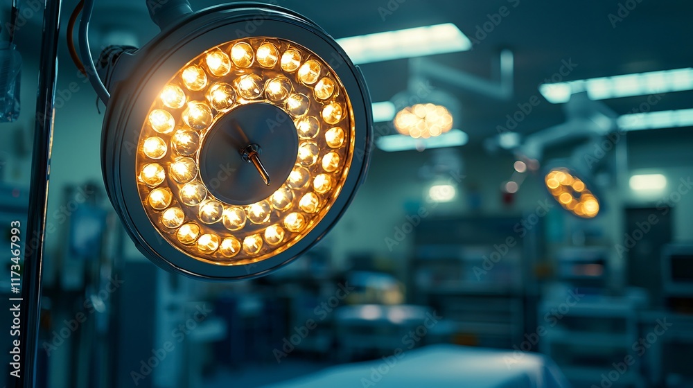Aufkleber sterile surgical instruments illuminated under bright lights in a clean operating room stock photo w
