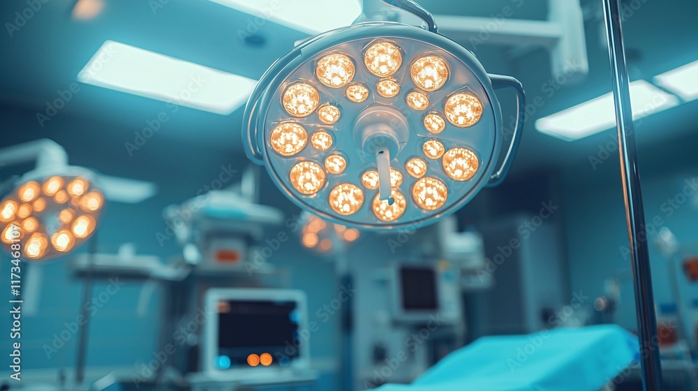 Poster sterile surgical instruments illuminated under bright lights in a clean operating room stock photo w