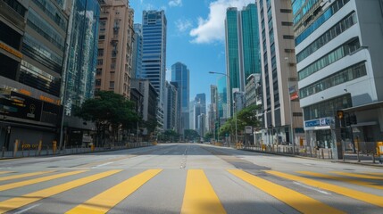 Obraz premium Skyscrapers line an empty road with a zebra crossing in a modern city