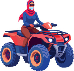 Woman wearing protective face mask driving red quad bike © frrlbt