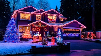 christmas tree in the snow and painted house