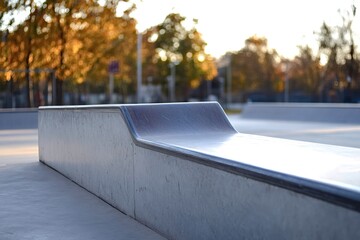 Smooth concrete grind rail in a skatepark, bathed in the warm glow of late afternoon sun, with blurred autumn trees providing a colorful backdrop