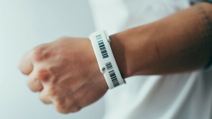 Close-up of a secure medical wristband with barcode, representing patient safety and healthcare security, on a clean white background with copy space.