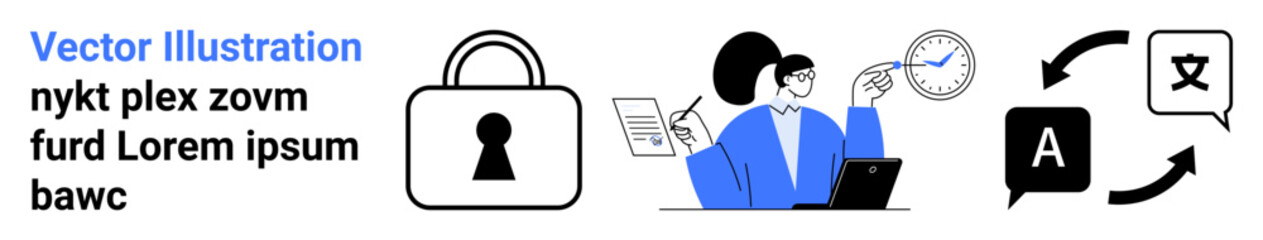 Lock icon, person working with documents and laptop, clock, language translation symbols. Ideal for security, time management, multi-language support, documentation processes, workflow automation