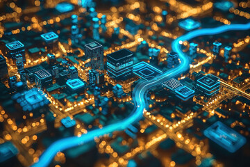 Obraz premium Glowing data stream flows through futuristic city at night, smart city concept