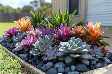 Vibrant succulent garden bed with colorful plants and dark stones.