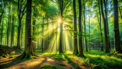 Obraz premium Panoramic View of Lush Green Forest, Vibrant Trees and Plants