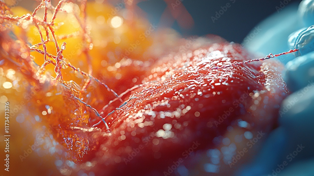 Poster detailed view of surgical sutures being applied to a patients heart stock photo with side copy space