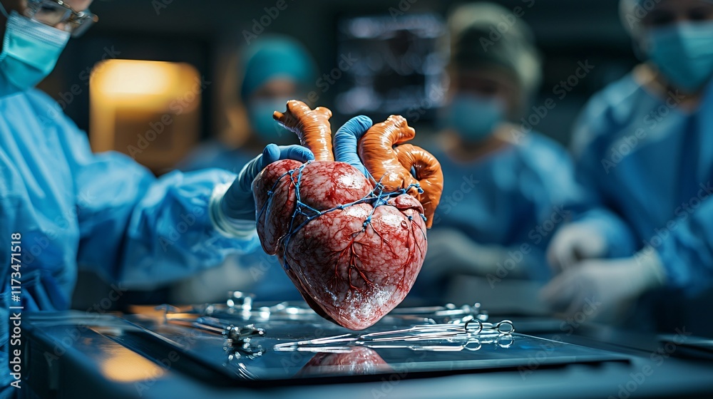 Poster detailed view of surgical sutures being applied to a patients heart stock photo with side copy space