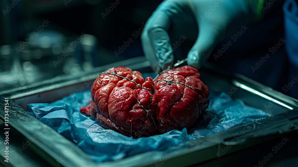 Poster detailed view of surgical sutures being applied to a patients heart stock photo with side copy space