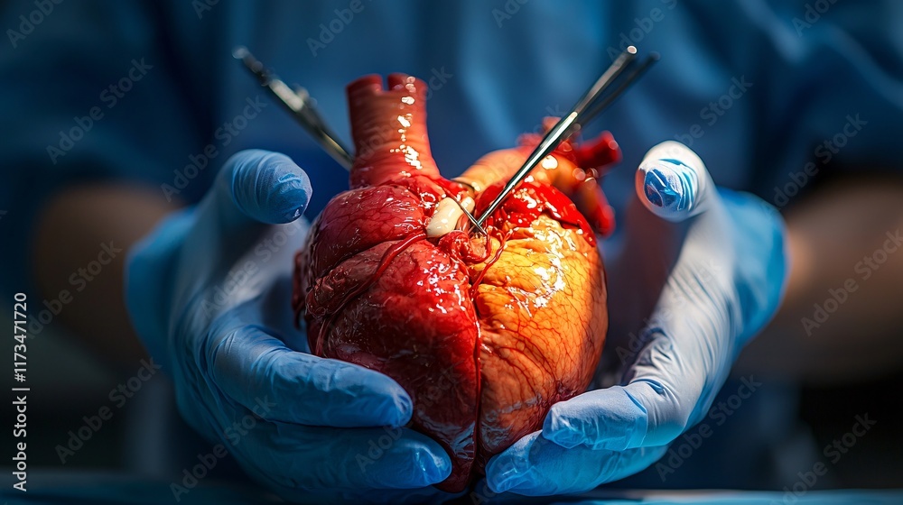 Poster a cardiovascular surgeon using precision tools in a critical heart procedure stock photo with side c