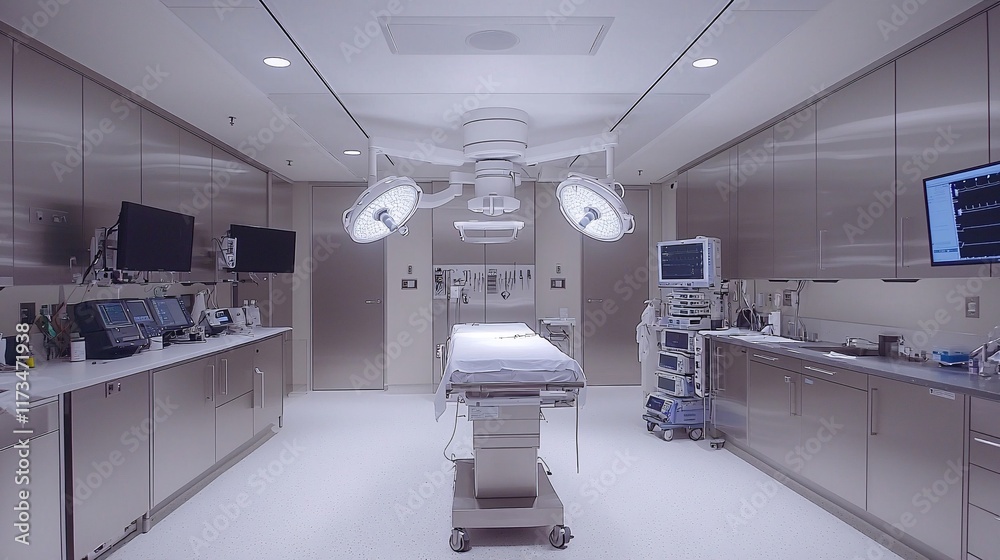 Poster sterile instruments and heart surgery setup in a modern operating room stock photo with side copy sp