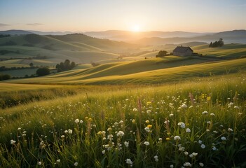 Fototapeta premium Tranquil Countryside at Dawn with Rolling Hills, Wildflowers, and a Quaint Farmhouse in Golden Light