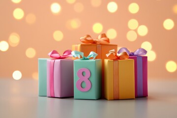 Colorful birthday gift boxes with number eight and bokeh background