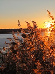 sunset on the reservoir in winter