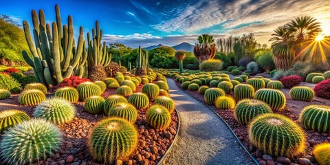 Fototapeta premium Panoramic View of Succulent Cactus Rows in a Desert Garden