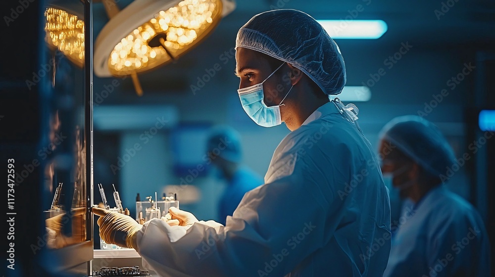 Poster surgical assistant handing instruments during a delicate cardiac surgery stock photo with side copy 