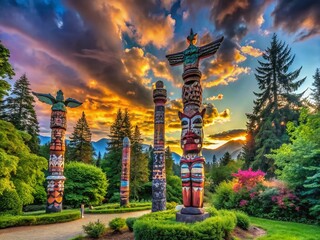 Obraz premium Panoramic View of Vibrant Totem Poles in Stanley Park, Vancouver, British Columbia