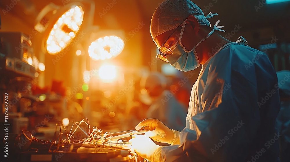 Poster surgical assistant handing instruments during a delicate cardiac surgery stock photo with side copy 