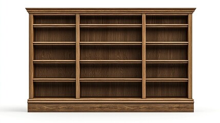 Empty wooden bookcase on white background, ready for library or study.