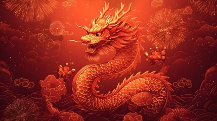 Majestic Chinese Dragon Surrounded by Fiery Fireworks and Clouds