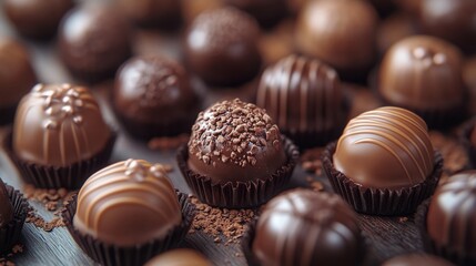 Assorted delicious chocolate truffles on dark wooden background.