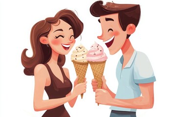 Happy Couple Enjoying Ice Cream Cones in a Cute Cartoon Style