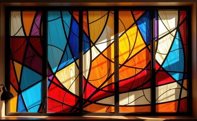 A vibrant abstract stained glass window, showcasing a kaleidoscope of colors and intricate patterns.