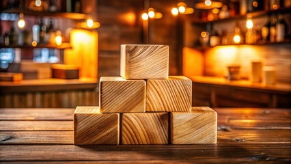 Panoramic Wooden Blocks Pyramid on Rustic Countertop -  Natural Wood Texture Stock Photo